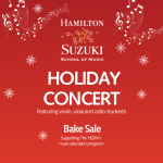 Festive coloured image with snowflakes and music notes dancing around the title, Holiday Concert.