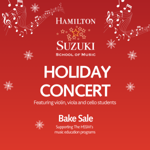 Festive coloured image with snowflakes and music notes dancing around the title, Holiday Concert.