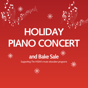 Festive coloured image with snowflakes and music notes dancing around the title, Holiday Piano Concert and Bake Sale.