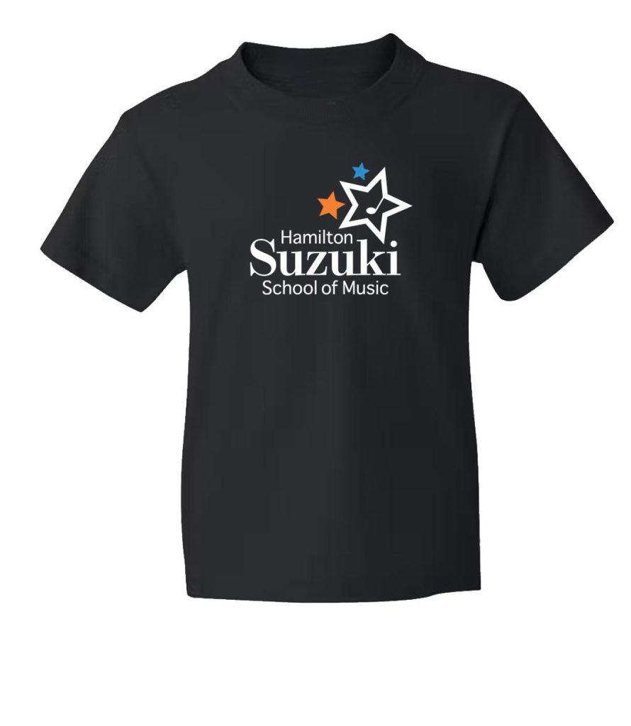 Black T-shirt with The Hamilton Suzuki Schoo of Music logo on it.