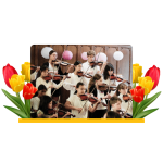 A group of young violin players with pink and white lanterns in the background. Yellow and red spring flowers over the image on both sides.