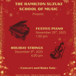 Festive lights twinkle in gold around a red backdrop, with a grand piano and string instrument with bow.