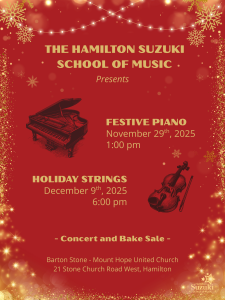 Festive lights twinkle in gold around a red backdrop, with a grand piano and string instrument with bow.