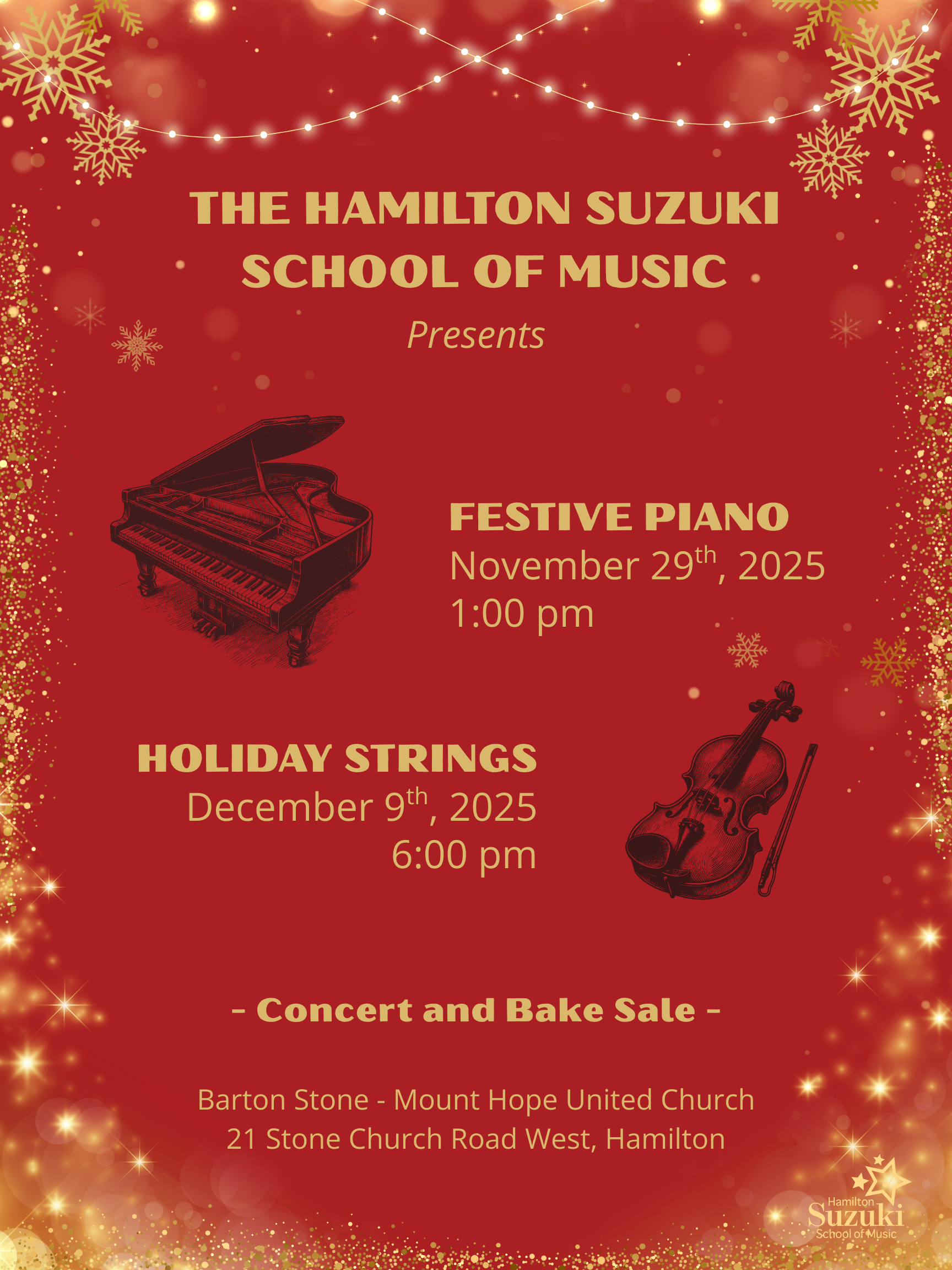 Festive lights twinkle in gold around a red backdrop, with a grand piano and string instrument with bow.