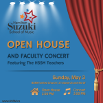 Blue backdrop with red stage curtains tied with a gold string, and the HSSM logo, announcing the Open House and Faculty Concert.