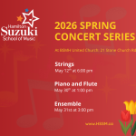 Red backdrop with music notes, tulips and the HSSM logo, announcing 2026 Spring Concert Series dates.