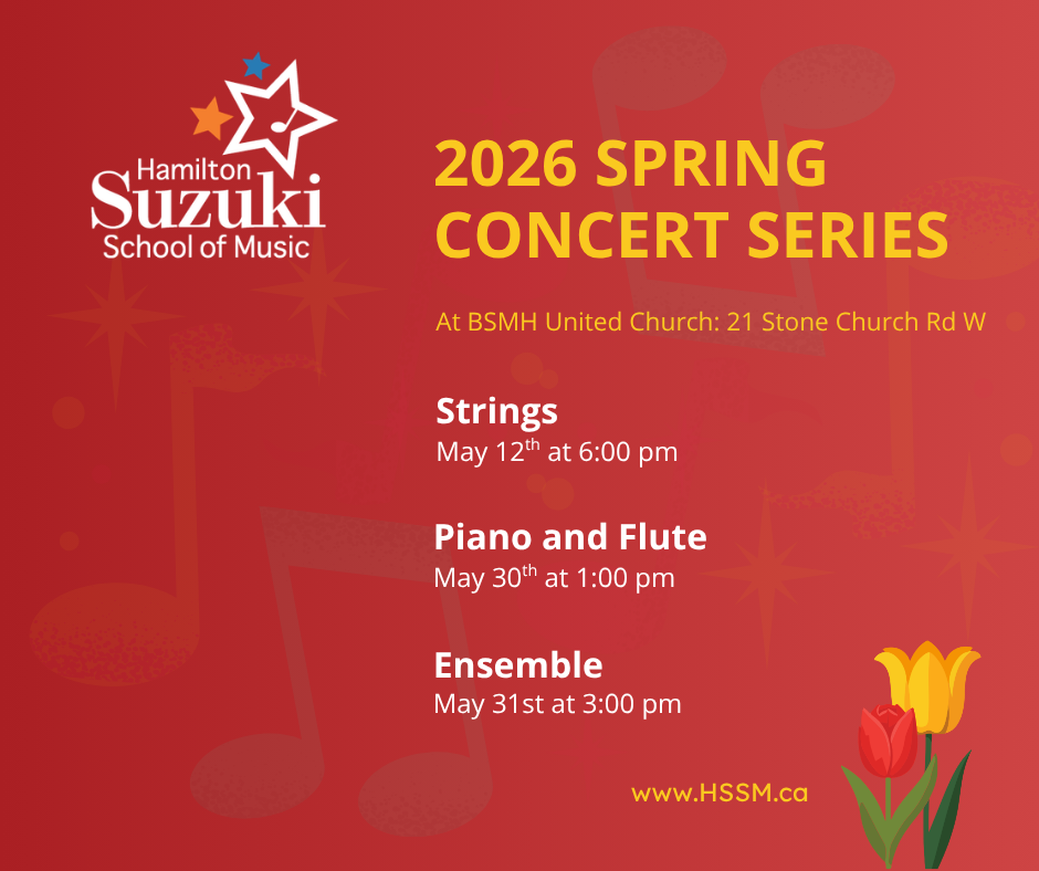 Red backdrop with music notes, tulips and the HSSM logo, announcing 2026 Spring Concert Series dates.